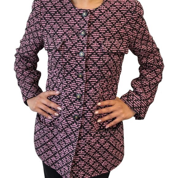 CHANEL Vintage 95A CC Logo Tweed Jacket #38 Pink Black Button Cotton [105548] - Picture 4 of 14